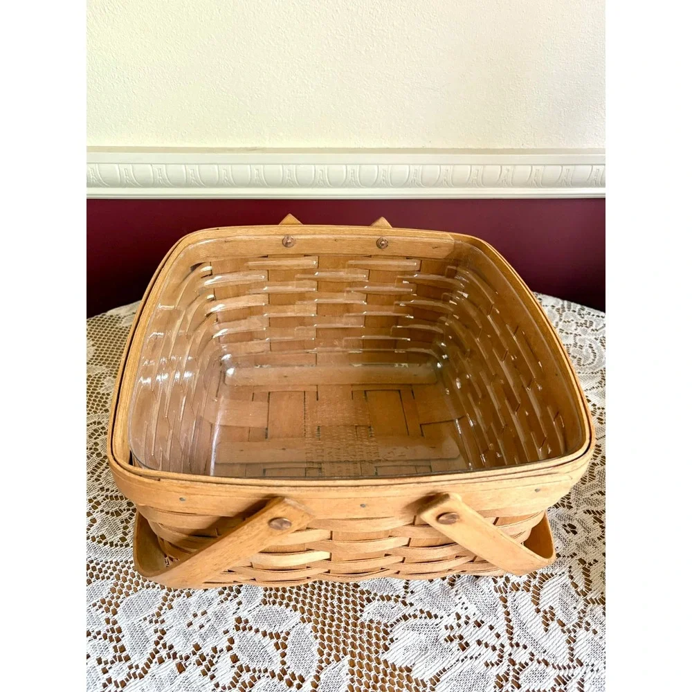 Longaberger 1992 Handwoven Square Cake Basket Dual Handle Liner USA Made 12x12x6